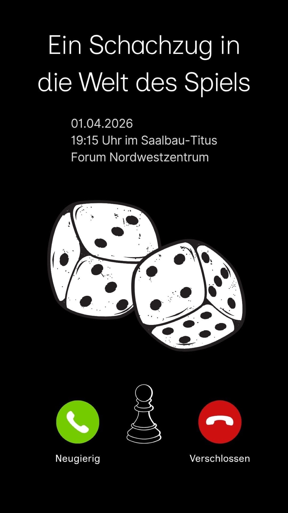 Tuschezeichnung von Spielwürfeln und Schachfigur auf schwarzem Hintergrund, minimalistisches Plakatdesign